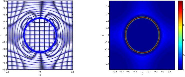 Fig. 4.4.numerically computed skewness measurewith αThe (60 × 60) mesh computed numerically for the density function (4.17)1 = 10, α2 = 200, and a = 0.25, with boundary ΩC = ΩP = [−0.5, 0.5]2, (left)