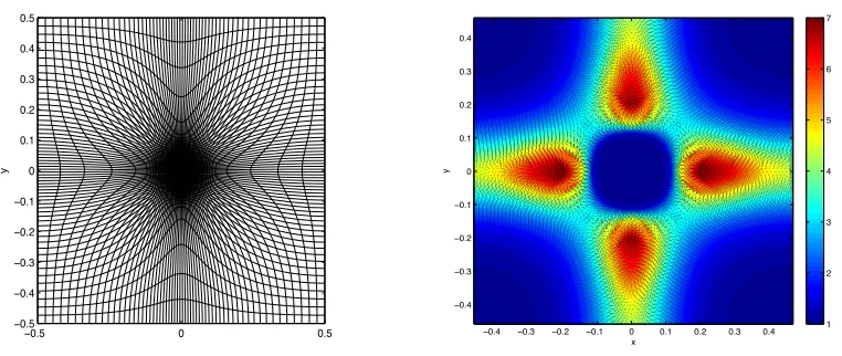 Fig. 4.5.with αNumerically computed (60 × 60) mesh in S for the density function (4.17),1 = 50, α2 = 100, and a = 0 (left)
