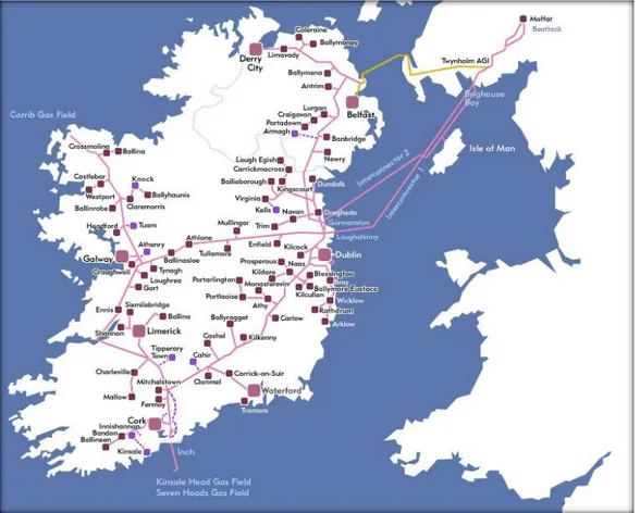 Figure 3.3 Map of Ireland’s Natural Gas Grid (Bord Gáis Eireann) 