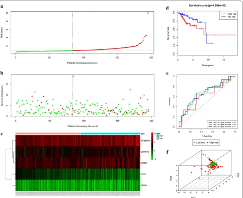 Fig. 3 Prognostic analysis of the test set. a Rank of risk score and distribution of groups