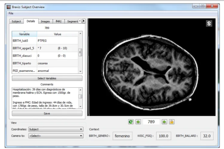FIGURE 12 | Details of a subject with possible PVL, the left panel shows values for several variables as well as the full clinical history.