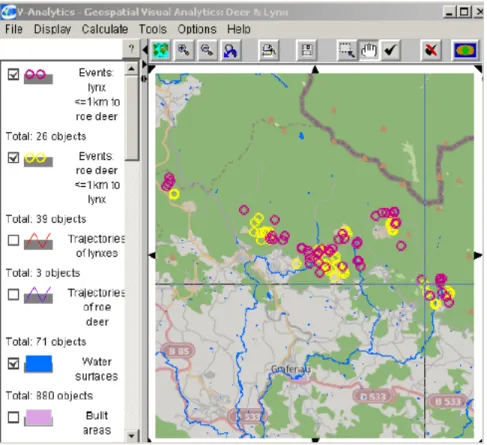 Figure 2.6: The events of spatial proximity between roe deer and lynxes are visualized on the map