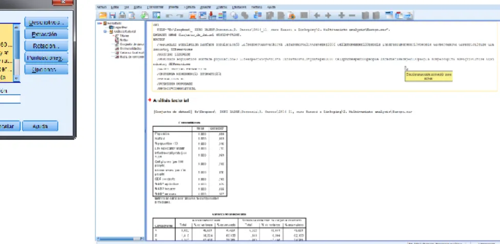 Figure 1.9. Dialog box and results windows in SPSS 22  1.1.3.  Freely available Statistical and Data Analysis Software  