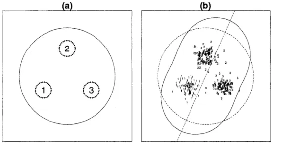 Figure  2.  The  bivariate  distribution  with 3 classes,  (a)  I L D A   •'  Theoretical  case  where  the  three  classes  have  the exact  same variance  covariance  structure and  the three  class means  come  from the vertices  of  an equiliterial  tr