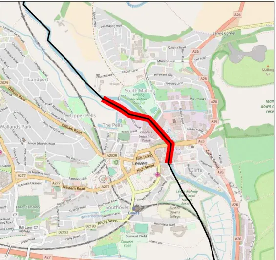 Figure 3: The 1 km segment on the proposed rail line with the highest level of severance in cycling potential, under the Government Target scenario.