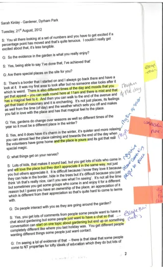 Figure 3.4 – an example of transcribed interview with themes identified as initial stages of coding 