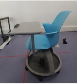 Figure 3: A mobile chair to be represented in the immersive environment, equipped with Vive trackers (one the chair, one on the tablet).