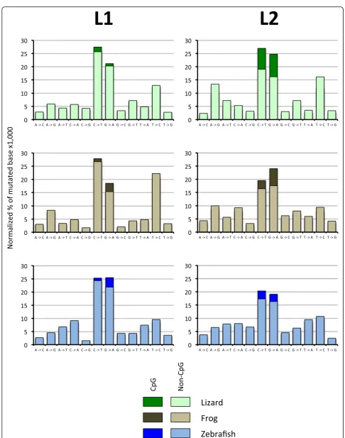 Fig. 7 Normalized percentage of mutations in genomic copies of L1 and L2 in lizard, frog and fish