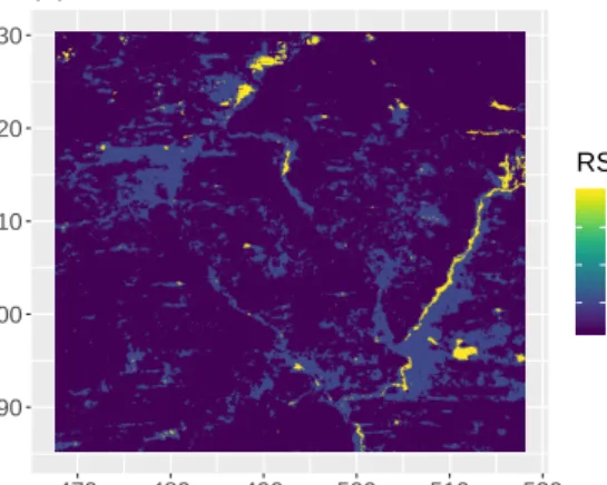 Figure 2. (A) Map of the habitats, with the zebra track overlaid (black line). (B) Estimated RSF in the zebra case study, from the local Gibbs model with normal transition kernel