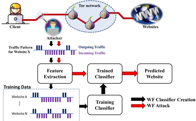 Figure 2.2: The WF attack workﬂow: Black arrow represents the processesof creating the WF classiﬁer.Red arrow demonstrates how the adversaryperforms WF attack by using the trained classiﬁer that he previously preparedto predict the website that the client may visit.