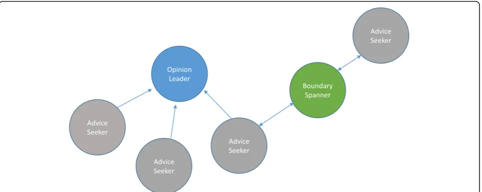 Fig. 1 Simple professional advice network diagram. Opinion leader = had high in-degree centrality scores (number of incoming ties from othersin the network)