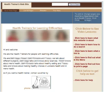 Figure 4.1  – The Home Page of the Health Trainers’ wiki based website. The images and real names of the Health Trainers are blurred to hide their identity