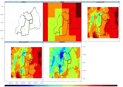 Figure 9: Comparisons of station observation (top left), JRA55 reanalysis (top center),  downscaled JRA55 (top right), bias corrected data (bottom left) and combined product  of minimum temperature (bottom center) for the 3rd dekad of February 2015