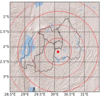 Figure 11: Location of the weather radar, with the red circles represent the rings of  range with a spacing of 50 km 