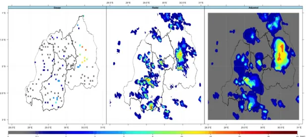 Figure 14: Hourly rainfall depths for 2017-09-28 16:00 at local time. Results are shown  for the automatics rain gauges (left), radar radar-based rainfall estimation, and the  adjusted rainfall