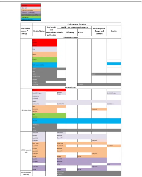Fig. 1 Distribution of EU projects across performance domains; classified by population groups and care settings and disease fields