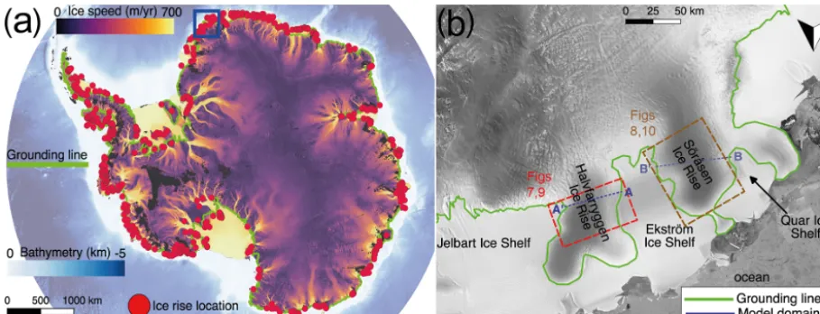Figure 1. (a) Location map of ice rises along the margin of the Antarctic ice sheet (Matsuoka et al., 2015)