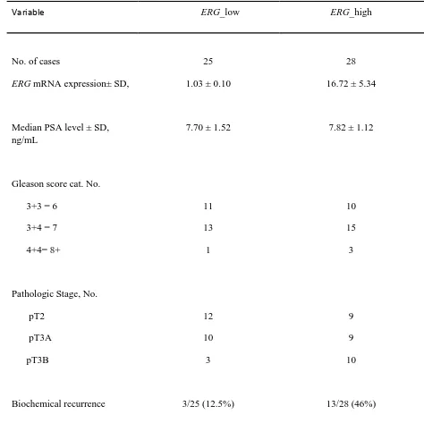 Table 3. Clinico-pathological parameters for patients designated with either low or high ERG mRNA expression