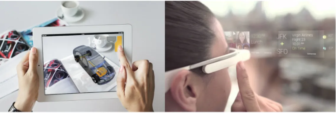 Figure 4.2: Examples of AR with a tablet on the left and with Google Glass headset on the right