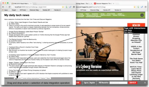 Fig. 10. Dragging and dropping news articles from the Discover Magazine into the target page causes the target iAPI to ask the user which action he/she wants to perform, given that there are already data in the iAPI.