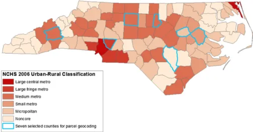 Figure 1 County urban-rural designations as classified by the National Center for Health Statistics (NCHS) and the seven counties selected for parcel geocoding