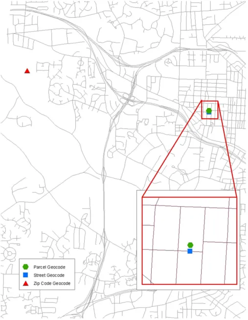 Figure 2 Differences in assigned location of an address using three different geocoding methods