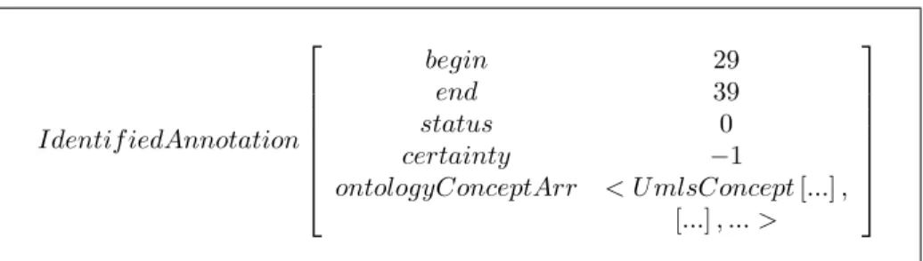 Figure 6.7: An annotated SNOMED CT entity. ontologyConceptArr is an array containing the UMLS IDs for this entity.
