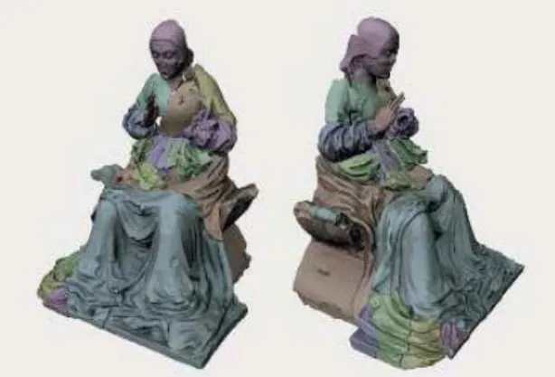 Fig. 4: The digital assembly of the Madonna of Pietranico from the digitized  fragments (image above) and the design of the two supporting elements (head 
