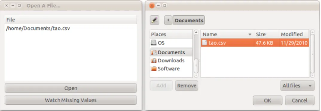 Figure 2.12 The data import GUI, with file selector, which pops up upon clicking the “open”