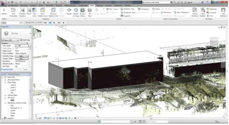 Fig. 9. Sun path simulation, including retained point cloud environment. 