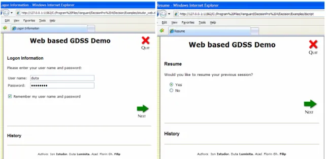 Fig. 11. Authentication session with an option for recovering the user name and password and  the  option for resuming previous session 