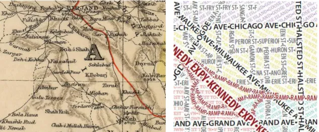 Figure 34. Left. Map generated with Tilemill (by Coleman McCormick). Right. Typographic maps