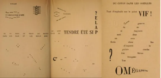 Figure 62. Example poems from Calligrammes (1918) wherein type is varied based on the semantics