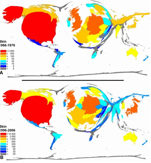 Figure 91976 and 1996–2006Color-coded Density-equalizing mapping: Publication quantities for items related to the term "skin" in the two periods 1966–Color-coded Density-equalizing mapping: Publication quantities for items related to the term "skin" in the