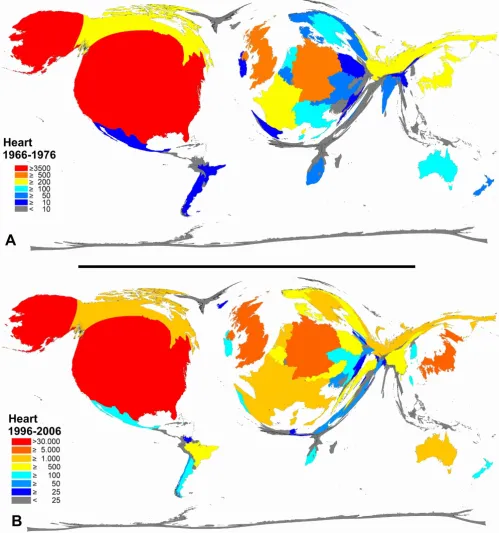 Figure 51976 and 1996–2006Color-coded Density-equalizing mapping: Publication quantities for items related to the term "heart" in the two periods 1966–Color-coded Density-equalizing mapping: Publication quantities for items related to the term "heart" in t