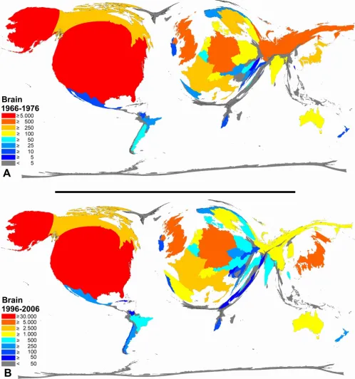 Figure 61976 and 1996–2006Color-coded Density-equalizing mapping: Publication quantities for items related to the term "brain" in the two periods 1966–Color-coded Density-equalizing mapping: Publication quantities for items related to the term "brain" in t