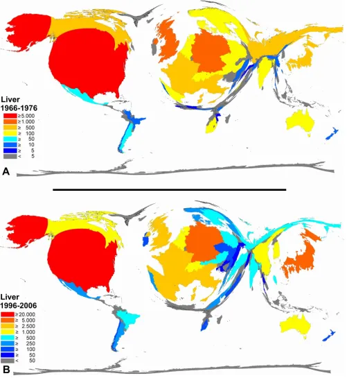 Figure 71976 and 1996–2006Color-coded Density-equalizing mapping: Publication quantities for items related to the term "liver" in the two periods 1966–Color-coded Density-equalizing mapping: Publication quantities for items related to the term "liver" in t