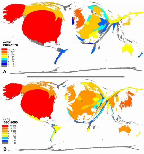 Figure 81976 and 1996–2006Color-coded Density-equalizing mapping: Publication quantities for items related to the term "lung" in the two periods 1966–Color-coded Density-equalizing mapping: Publication quantities for items related to the term "lung" in the
