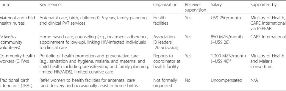 Table 1 Organizational structure and description of key services provided by the four health worker cadres preventing verticaltransmission of HIV in rural Mozambique
