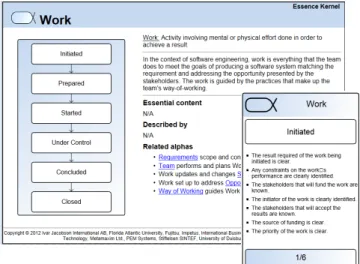 Figure 11 shows the representation of the Scrum practice in  EWPW. The Scrum practice populates the alphas of the kernel  (i.e