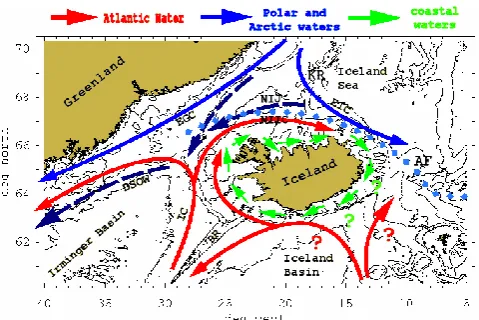 Fig. 1. Bathymetry around Iceland and the classical view of theocean circulation. The isobaths are: 200, 500, 1000, 2000 and 3000meters