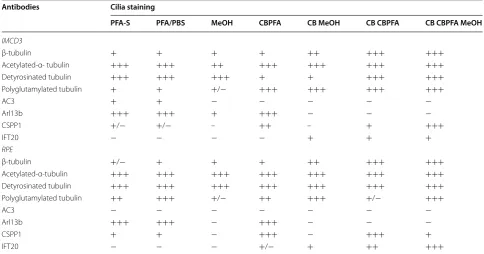Table 1 Summary of fixation methods and their effects on cilia marker immunolabeling