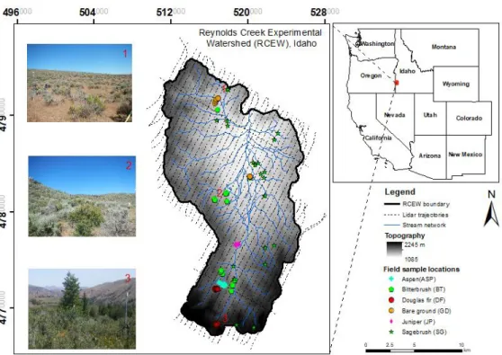 Figure 2.1  Reynolds Creek Experimental Watershed study area with field  sample locations (n=103 plots) of plant functional types (ASP, DF, JP, BT, SG, and  GD) and waveform lidar trajectories