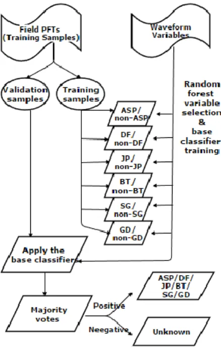 Figure 2.4   Ensemble random forest PFT classification workflow. Feature  selection and base classifiers were trained using training samples