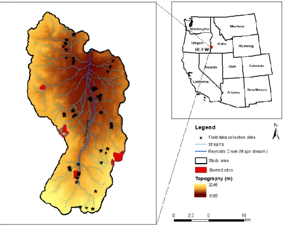 Figure 3.1  Reynolds Creek Experimental Watershed, SW Idaho with the  topographic gradient and stream network