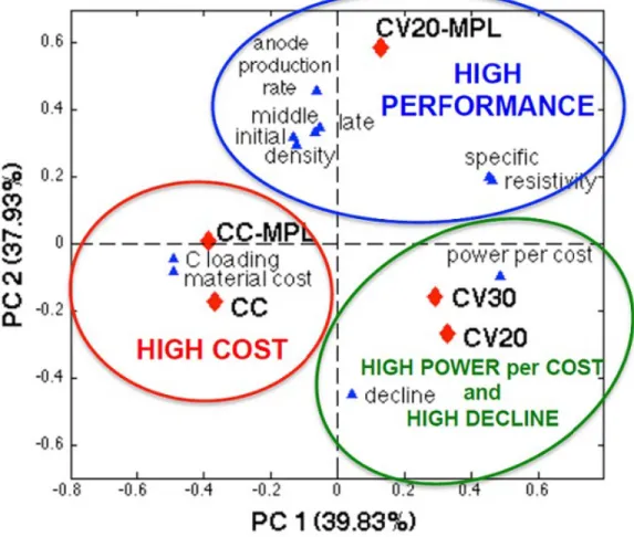 Figure 7. Principal components analysis biplot for the different anodes investigated
