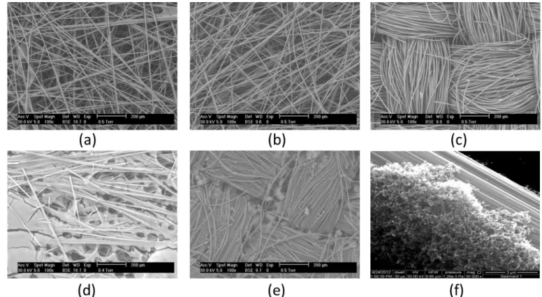 Figure 3. SEM images of anode electrodes; (a) CV20; (b) CV30; (c) CC; (d) CV20-MPL; (e) CC-MPL; (f) MPL structure on CC-MPL