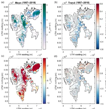 Figure 7. Long-term mean P14 distribution (a) and trends (b). Long-term mean T14 distribution (c) and trends (d)