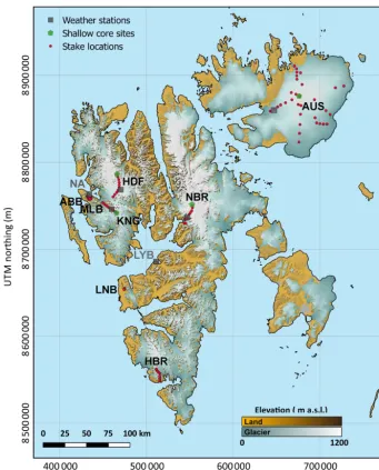 Figure 1. Topographic map of Svalbard with different elevation colour maps to distinguish between glacier-covered and land areas