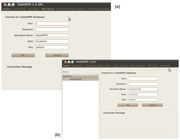 Figure 2.1: Comparison of Data-FATE logon screens. (a) The logon screen of ver- ver-sion 1.4